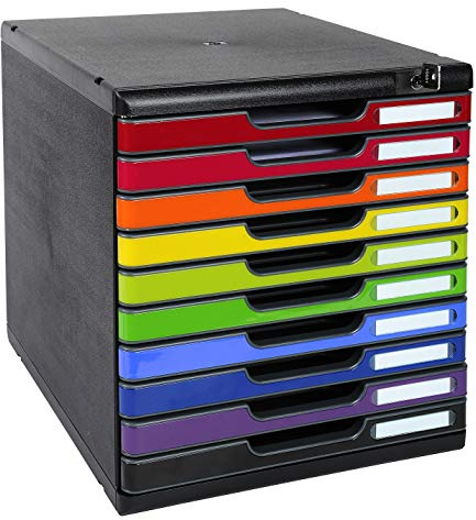 Exacompta 332798D Ablagebox Modulo mit 10 abschließbare Schubladen für DIN A4+ Dokumente. Belastbare Schubladenbox mit hoher Kapazität für mehr Platz auf dem Schreibtisch Blauer Engel schwarz/bunt