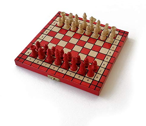 Schackset M - Mini. Schackbräde storlek 20 x 20 cm, hantverkstillverkning av charmträ, miljövänlig lack. Vikbar bricka, resespel. Varumärke The Delirant® (röd)