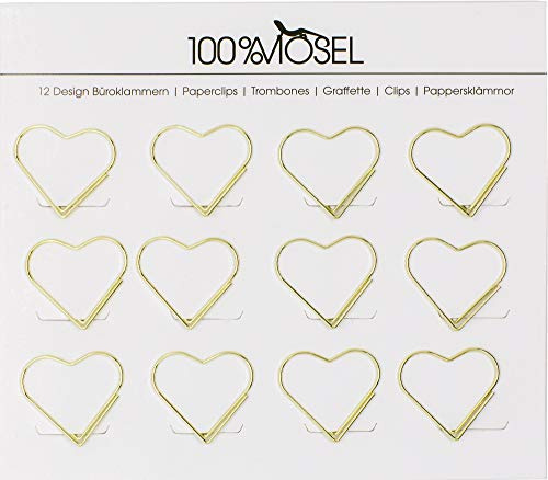 100% Mosel Büroklammern Gold, 12 Stück, in Herzform (3 x 2,7 cm) | Edle Klammern aus Metall, modernes Accessoire fürs Büro/Homeoffice, elegante Deko zu besonderen Anlässen