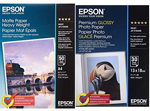 Epson C13S041256 Matte Heavyweight Papier Inkjet 167 g / m2 A4 One-sided, 50 Blatt Pack & Premium glossy photo paper inkjet 255g/m2 130x180mm 30 Blatt Pack