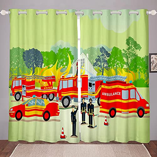 Loussiesd Auto Vorhänge Kinder Jungen Karikatur Feuerwehrauto Blickdichte Vorhänge Jugendliche Feuerwehr Fahrzeuge Drucken Fenstervorhang 137x117cm Feuerwehrauto Raumdekor