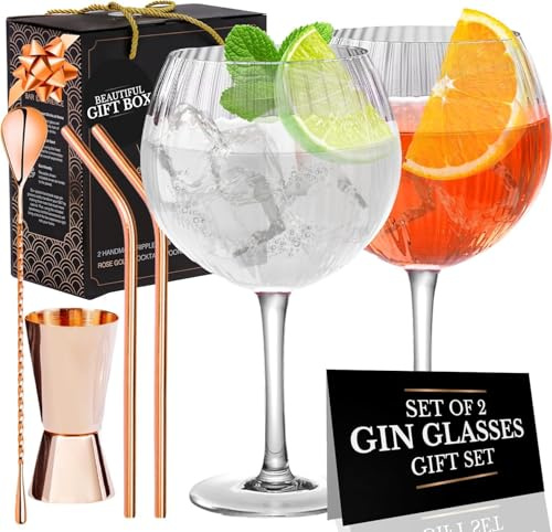 Vemacity Geriffelte Gin-Tonic-Gläser-Set | 2 Handgefertigte Gin Gläser, Rotgold-Barlöffel, Spirituosen-Messbecher & 2 Metallstrohhalme | Cocktail-Set Ideal zum Verschenken