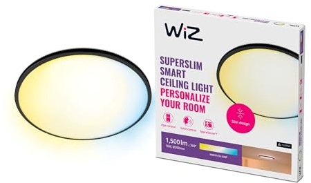 WiZ – Lámpara inteligente Plafón de techo Superslim LED 16W, Luz Blanca de Cálida a Fría,Wi-Fi, con tecnología SpaceSense y compatible con Alexa y Google Home, 29cm diámetro - Color Negro