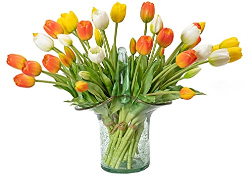 DUYONE 40pcs künstliche Tulpen Blumen, Real Touch Latex Bouquet, gefälschte Tulpen für Büro Hochzeit Party Home Küche Garten Dekoration(Orange, 40 Stück)
