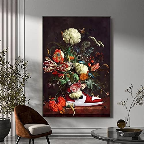 KADING Abstraktes Europa Vintage-Leinwandbilder Stillleben Blumen in Sneaker-Schuhen Drucke und Poster Wandkunstbilder für Wohnkultur 50 x 70 cm (20 x 28 Zoll) mit Rahmen
