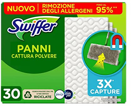 Swiffer Panni Catturapolvere, 30 Panni Microfibra Dry, Panni Cattura Polvere E Sporco, Fino Al 95 percento Di Allergeni In Meno, 1 Unità, Confezione da 1
