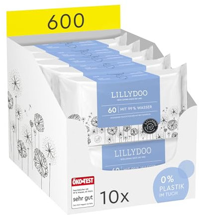 LILLYDOO Baby Feuchttücher mit 99% Wasser, 600 Stück (10 x 60), 100% plastikfreies Tuch, ohne Parfüme & mild wie Watte und Wasser