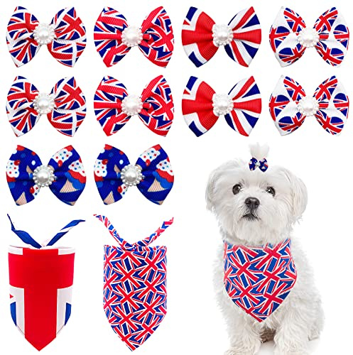 BIPY 2 Stück Union Jack Hundehalstücher und 5 Paar Hundehaarschleifen, UK-Flagge, Festival, Haustier-Dreieck, Schal, weiche Lätzchen für kleine, Hundehaarschleifen, zufällige Farbauswahl