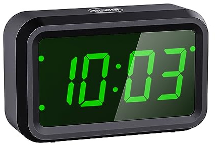 Timegyro LED Digitaluhr mit Wecker fürs Schlafzimmer, Batteriebetrieben, Schaltbare LED/LCD-Anzeige, 2 Helligkeitsstufen, 12/24H-Format, Snooze