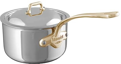 Mauviel M'Cook B 5-Ply Polished Stainless Steel Sauce Pan With Lid, And Brass Handle, 1.2-qt, Made In France