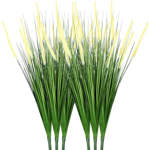 colorspec Künstliche hohe Graspflanze mit Schilfblüten, 6 Stück, 80 cm/32 Zol, künstliches Pampasgras, Zwiebelgras, grüne Bodenpflanzen, Türdekoration für Wohnzimmer, Badezimmer, Garten (gelb)