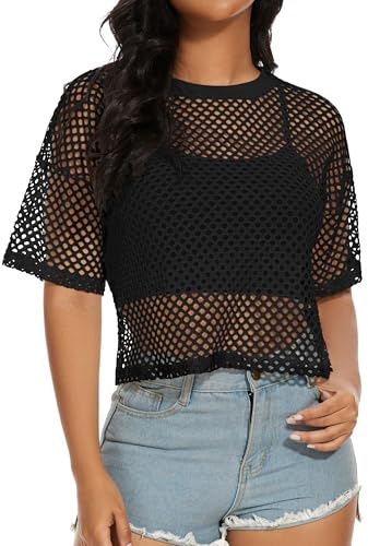 Women's Mesh Fishnet Top Short Sleeve T Shirts Sheer Cover Up,Black,XL