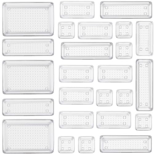 Collazoey 25 Stück transparentes Schubladen-Organisationssystem mit Schminktisch Organizer in 4 Größen,rutschfester,transparenter Make-up-Organizer für Badezimmer,Kosmetik,Kommode,Küche,Büro