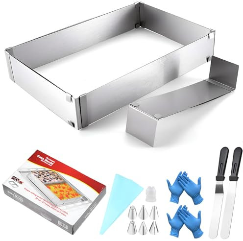 FANWINKJ Anillo de mousse rectangular ajustable de acero inoxidable con divisores, Accesorios para hornear tiramisú y tartas, Incluye guantes, Boquillas y espátula（14 piezas）