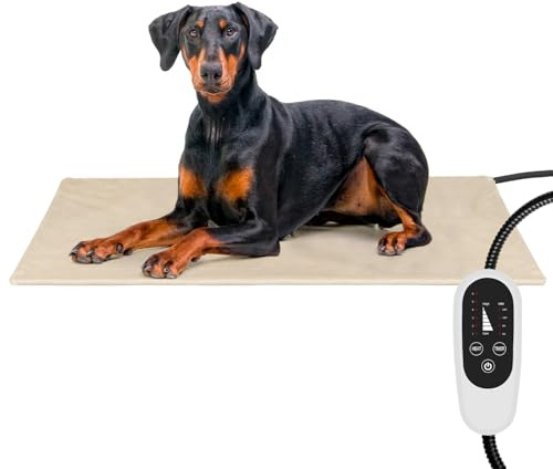 NICREW Pet Heating Pad, Temperature Adjustable, 90 x 60 cm, 120W Max, Khaki | 6 Temperature Settings, Auto Shut-Off Timer, Soft Fleece Cover, Chew Resistant Cord, Medium Large Pets Less than 30 kg