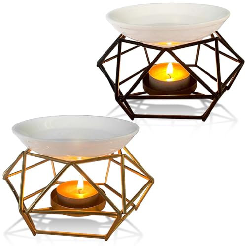 GOMETY 2 Stück Duftlampe aus Metall und Keramik, Kerze Aroma Burner, Duftwachs Lampe mit Teelicht Halter aus Eisen Oil Burner Dekoration für Zuhause im Rauten-Stil Aromatherapie-Lampe (Schwarz + Gold)