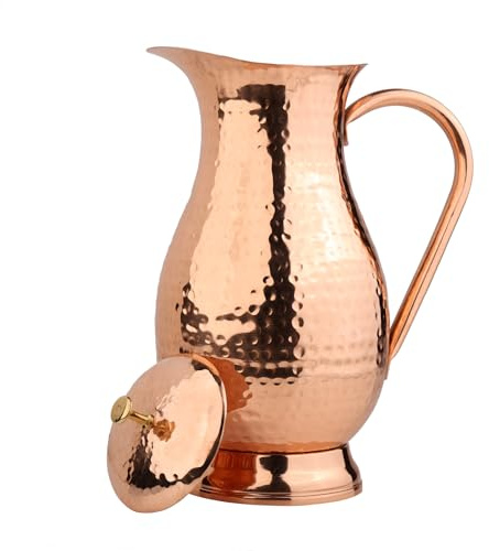 Krug aus reinem Kupfer mit Deckel, großer, gehämmerter Wasserkrug aus massivem Kupfer, Fassungsvermögen 60 oz/1800 ml, Kupferkaraffe für Zuhause, Hotels und Restaurants