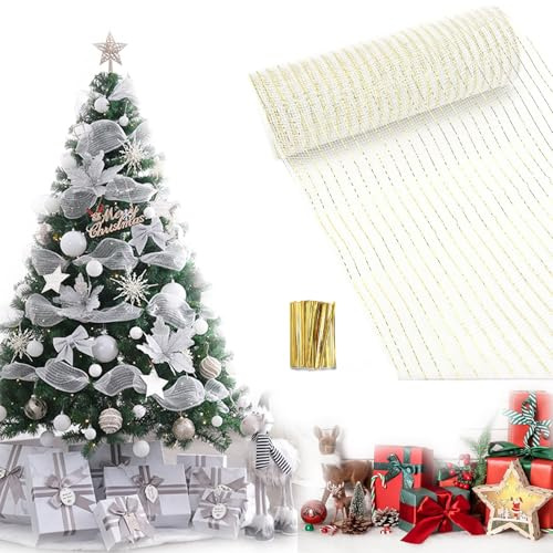 Weihnachten Lametta Girlande,Weihnachtsbaum Dekoration Girlande,Glänzend Weihnachtsbaum Ornamente,Metallfolien-Netzband Für Weihnachten 26 cm X 9,14 m (Weißes Gold)