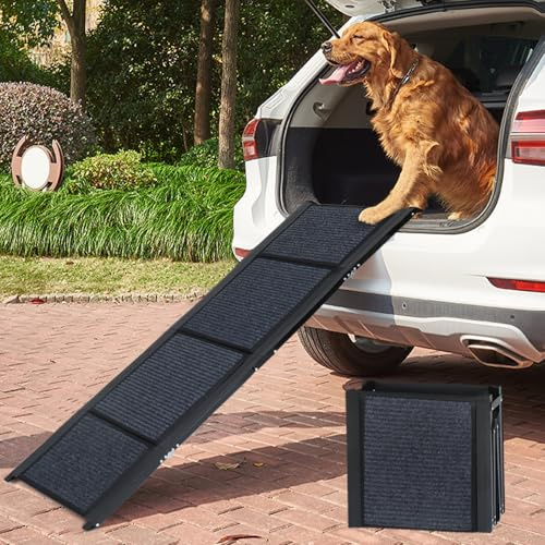 SMONTER Dog Car Ramp for Large Dogs, Folding Portable Pet Steps 160cm Long 44cm Extra Wide Aluminum Dog Stairs with Felt Non-Slip Surface, Lightweight & Durable for Trucks, Cars, Supports up to 90 kg