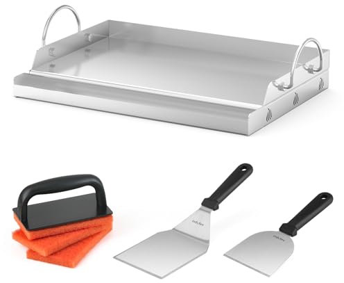 Onlyfire Plaque Plancha en Inox avec Spatules et 2 Éponges de Nettoyage, 50 x32 x7 cm, Plaque de Cuisson Universelle pour Barbecue, Rectangulaire, Poignée Amovible