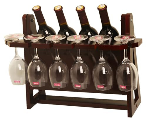 Tisch-Weinregal aus Holz, freistehender Weinglashalter, Weinglasregal für Küche, Bar, hängend 6 Weingläser, 4 Flaschen, 49×23×35cm(Brown)