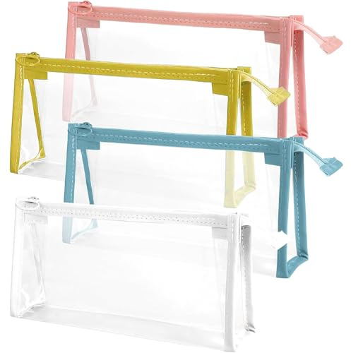 PHIOMUUE 4 Pack Clear Pencil Case - Large Capacity, Transparent Pen Box for Exams, Toiletries, Travel & Cosmetics - Affordable See-Through Storage for Students - Zippered Closure