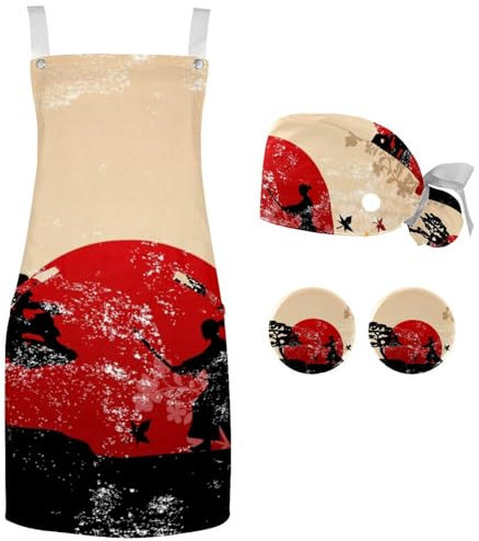 lcndlsoe Set di grembiule da cuoco con cappello e cappello da chef con tartaruga marina e grembiule da cucina per adulti regolabile con badge a 2 pulsanti per cucinare, Multicolore 3,