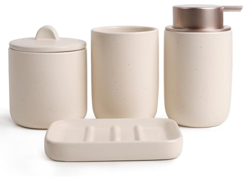UMLACA Ensemble Salle de Bain 4 Pièces en Céramique – Distributeur de Savon 350ml, Gobelet, Porte-Savon, Pot à Coton – Design Moderne (Amande Rouge, Distributeur de Savon Mousse)