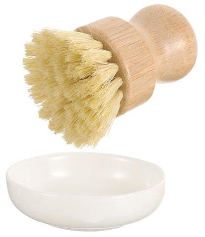 HOLIDYOYO Kitchen Cleaning Brush Set with Bamboo Palm and Jute Bristles, Ceramic Drain Dish Holder Base, Pot Scrubbing Brush for Dishwashing and Cookware Cleaning