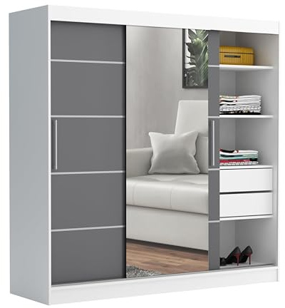 Brent - Kleiderschrank mit Spiegel und Schubladen 200cm Breit Chelsea Tomy, Schwebetürenschrank, Schlafzimmerschrank, Weiß/Anthrazit