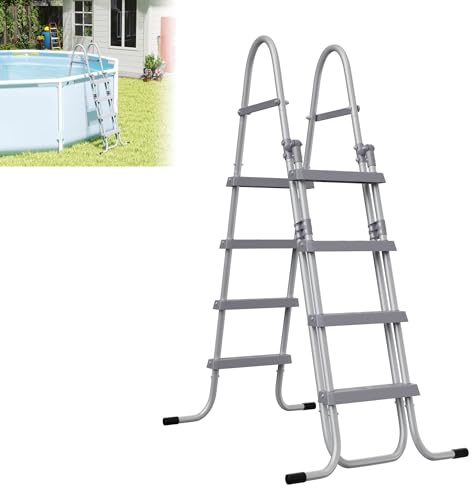 XMTECH 4-stegs rullstege med vikfunktion, kan belastas upp till 150 kg, halkfri och korrosionsbeständig, stabil poolstege, säkerhetsstege, 160 cm höjd, grå