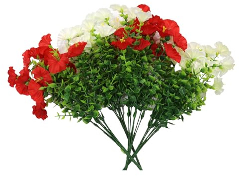 Mfqire 4 Mazzi di Fiori Finti da Esterno,Bouquet di Fiori Finti per Decorazioni Balcone Giardino Casa,Fiori Artificiali Realistici per Interni Esterni (2 Bianchi,2 Rossi)