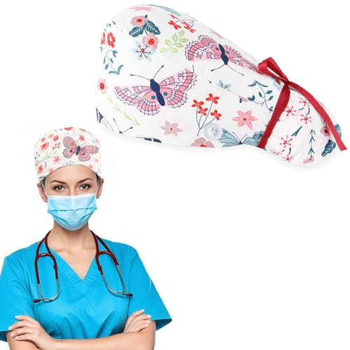Langes Haar OP Haube Verstellbar mit Knopf, Arbeitskappe, Stoff Baumwolldruck Kranken Schwesternkappe Unisex Staubhauben Kappe für Damen Herren, A