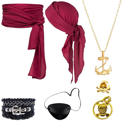 AUNGCSHE 7PCS Mittelalter Pirate Accessories, Piratenkostüm Damen und Herren Es Gibt Hüfttuch, Kopftuch, Augenmaske, Halskette, Ohrringe, Ring, Armband, für Halloween Cosplay Party (Rot)