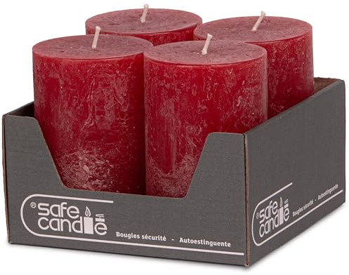 DecoLite Stumpenkerzen Rustik 11 x 7 cm 4er Set, 51h, Rot | Made in Germany, RAL-zertifiziert, durchgefärbte Rustik Kerzen, ruß- & tropffrei, für Hochzeit & Gastronomie, selbstlöschend