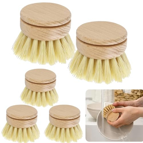 Wooden Washing Brush, 5 Pack Replacement Heads, Natural Bamboo Dish Scrubber Wooden Washing Up Brush Bamboo Dish Brush for Cleaning