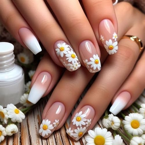 Xanthelle Press On Nails, Ongles à Presser, Faux Ongles Courts, Ongles French, Ongles Artificiels Été, Gel Doux, 24 Pièces Fleurs Blanches, Ongles Couverture Complète