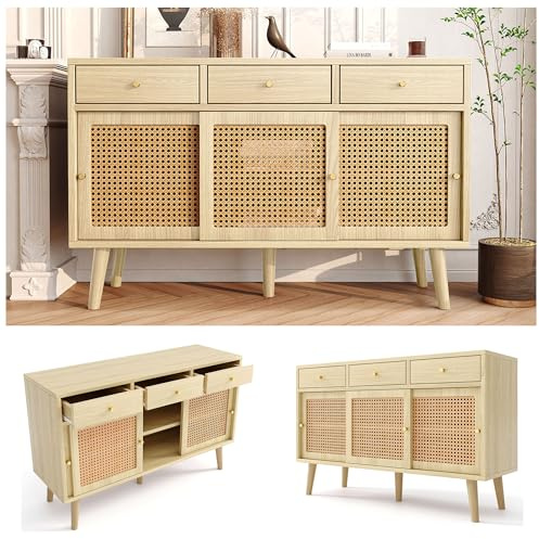 Hommdiy Sideboard, Kommode mit 3 Schubladen und 3 Schiebetüren, Rattangeflecht auf den Türfronten, Beine aus massivem Holz, Golden Metall Bügelgriff,verstellbare Ablagen,Eiche,120x 40x78cm