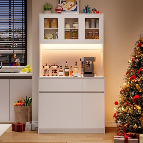 Wumagin Küchenschrank Buffetschrank mit L-E-D Sideboard für Küche mit Ladestation,Hochschrank mit Arbeitsplatte und 3 Schubladen Küchenbuffet mit Verstellbares Regal für Esszimmer