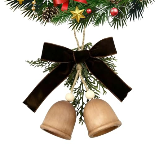 Weihnachtsglocken-Dekoration – Weihnachtsbaumringe Aus Holz, Schleifenornament Aus Kiefernblättern, Traditioneller Festlicher Akzeñt, Bezaubernde Innen- Und Außendekoration | Saisonales Wand-Tür-Kamin