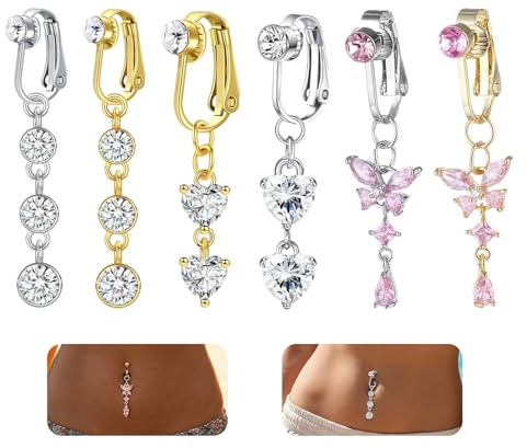 MENUY Lot de 6 faux piercings de nombril argentés et dorés - Piercing de nombril suspendu avec pendentif papillon en forme de cœur en cristal - En acier chirurgical