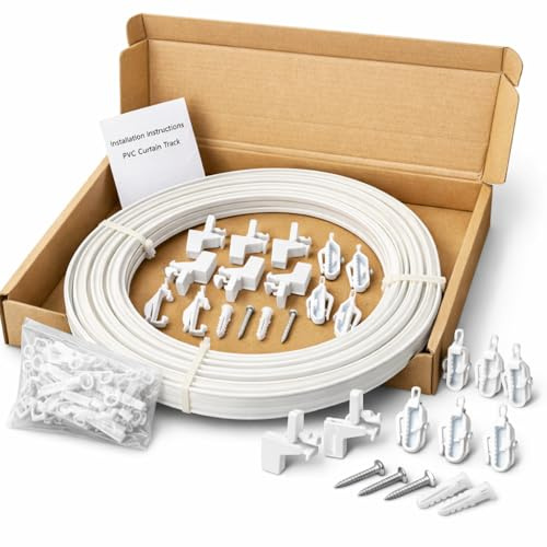 HOMMAKR 10 FT (3M) White Plastic Curtain Track Glider Rail For Straight And Bay Windows (10 Brackets, 4 Ends, 35 Gliders, 10 Screws)