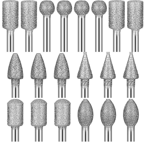 20 Pcs 1/8 Shank Diamond Grinding Burr Bit Set, Diamond Grinding Drill Bit | 120-Grit, for Rotary Tool, Rotary Tool Accessories, for Stone, Glass, Metal, Ceramic Polish Carve Engrave