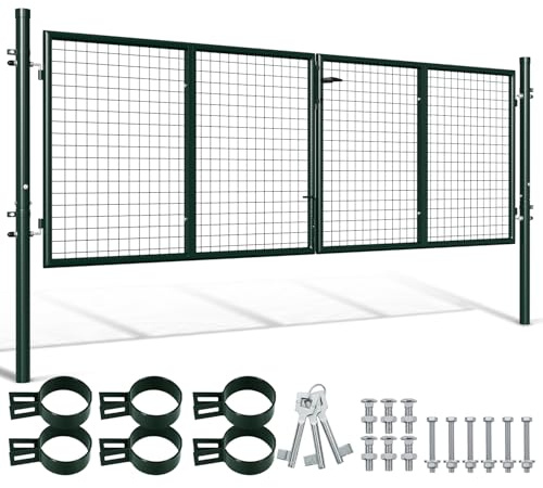 Peviasot Portail de jardin à double battant, 300 x 100 cm, en métal, avec poignée, serrure et 3 clés, porte de jardin robuste pour porte de clôture, portail de cour, portail de clôture, vert
