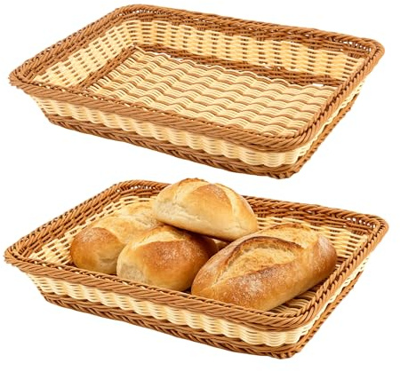MOUYAT 2 Pack Wicker Bread Basket, 40x30x8 cm Rectangular Food Serving Basket, Bicolor Plastic Wicker Baskets for Serving, Display, Vegetables, Home Kitchen, Restaurant