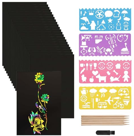 Mitgebsel Kindergeburtstag, Kratzbil - Kratzkunst-Papier-Set - 50 Blatt 32K ( Regenbogen), 5 Bambus-Stifte, 4 Schablonen &1 Pinsel | Scratch-Art-Kit für Kinder & Erwachsene, Basteln & Geschenke