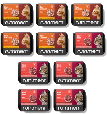 NUTRIMENT ENHANCED ADULT CAT Raw Food(10 Tray Box) Frozen, Complete Premium Diet Wet Cat food, Gluten-Free, Raw Protein, Digestible, All breeds, Sizes, Ages-11.023 lb Mixed Variety