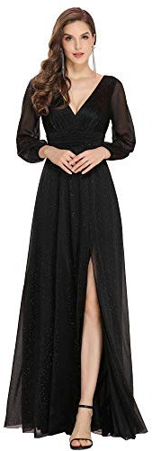 Ever-Pretty Women's Elegant Long Sleeve V Neck Floor Length Empire Waist A Line Tigh High Slit Formal Evening Dresses Black 8UK