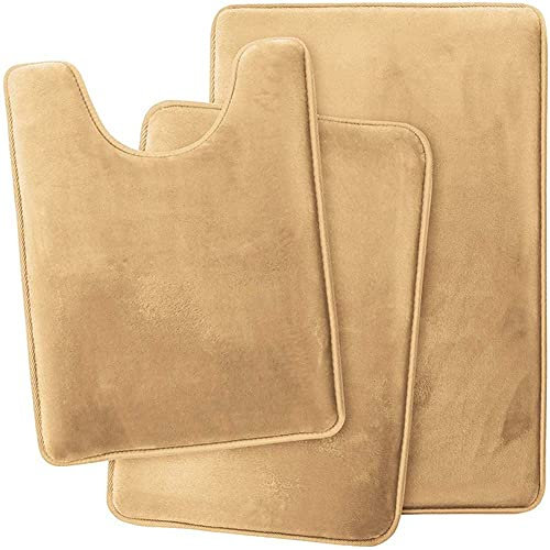 ETOPARS 3er-Set Plüsch Memory Foam Badteppich Set Weiche absorbierende Badezimmermatte rutschfeste Matte, Toilettendeckelabdeckung, U-förmiger Konturenteppich (Kaki)
