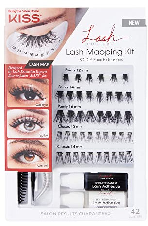 KISS Lash Couture Mapping Kit with 3 Mapping Stickers, Semi-Permanent Lash Adhesive, Adhesive Remover, Tweezers, Spoolie, Micro Brush, and 42 Lash Clusters, 21 Pair (Pack of 1)